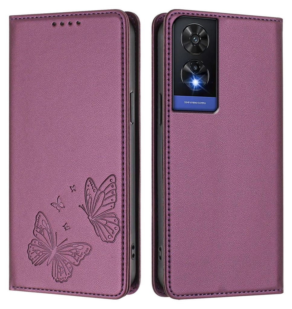 Lederhülle für TCL 505, Schmetterling Prägung Leder Brieftasche Schutzhülle mit Ständer Lila