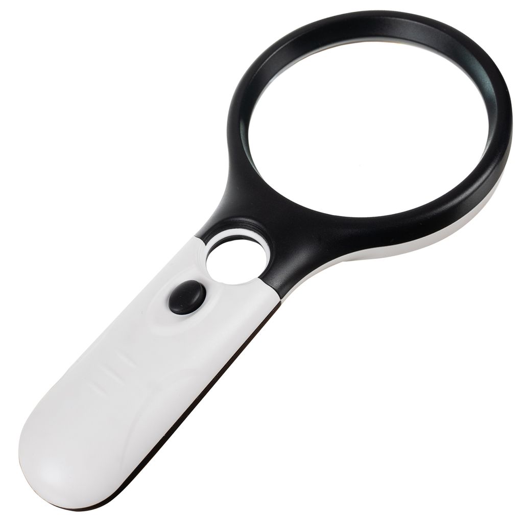 A close-up studio shot of a black and white LED-illuminated magnifying glass against a white background.