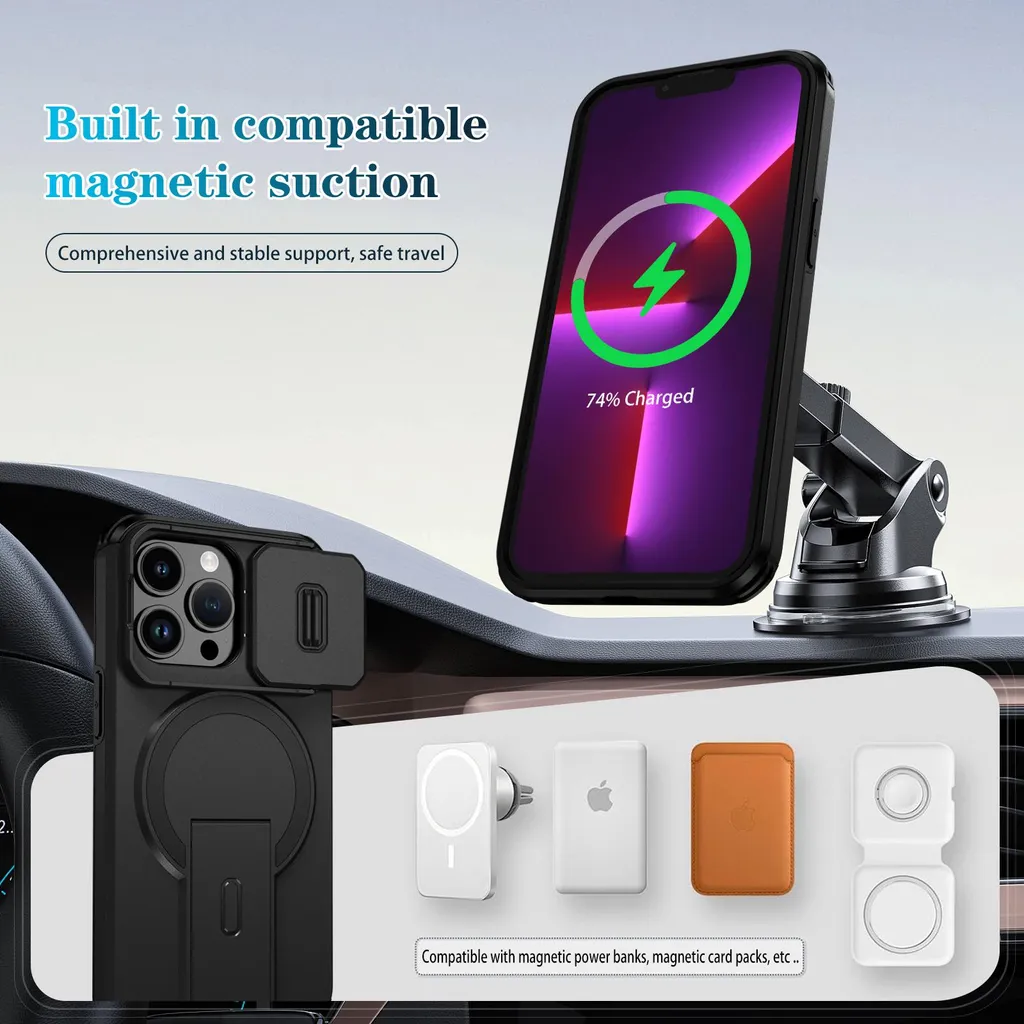 Custodia IPhone 13 Pro Max Hitaoyou Con Copriobiettivo Scorrevole E Supporto Anello Girevole - Antiurto Militare, Magnetico Per Auto, Nero