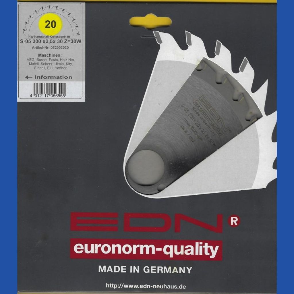 EDN Hartmetallbestücktes Kreissägeblatt Serie 05 gelb Wechselzahn mittel Ø 200 mm, Bohrung 30 mm