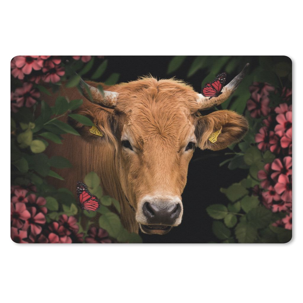 MuchoWow Schreibtischunterlage Kuh - Blumen - Tiere - Braun 60x40 cm - XXL Mauspad - Großes Mauspad