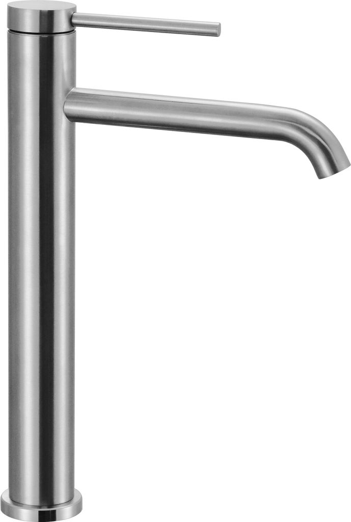 A single, modern, brushed nickel faucet is shown against a white background.