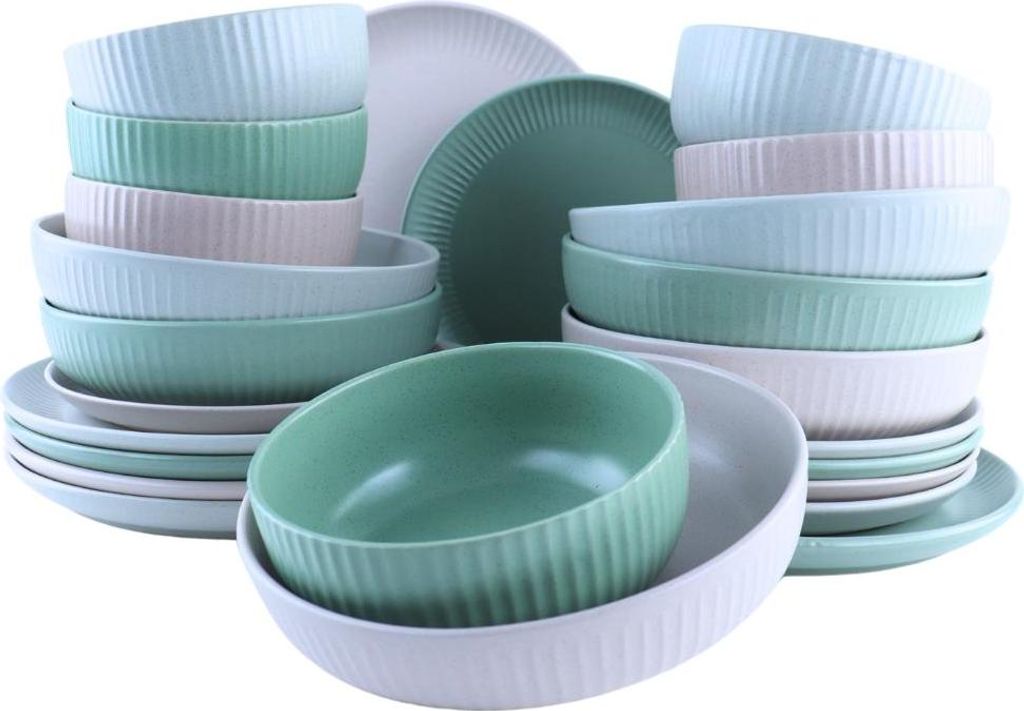 OTIX Serviesset 6 Personen Frühstücksteller Speiseteller Tiefe Teller Suppenschalen Geschirrset 24-teilig Steingut AURORA