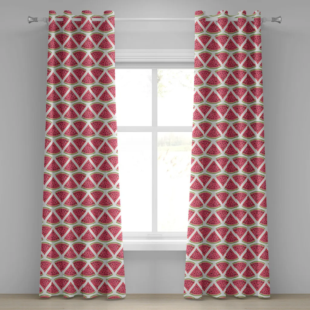 ABAKUHAUS Tenda con occhielli Frutta, Nuovo simpatico concetto agricolo della dieta biologica estiva a base di semi di anguria, Tende decorative a 2 pannelli per finestre, 280 cm x 225 cm, Corallo scuro Verde felce
