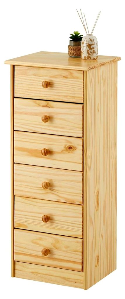 Hochschrank Kommode Rondo, 6 Schubladen, Kiefer massiv, natur lackiert
