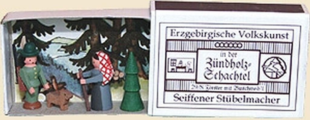 Miniaturzündholzschachtel Förster mit Buschweib BxH 5x4 cm NEU