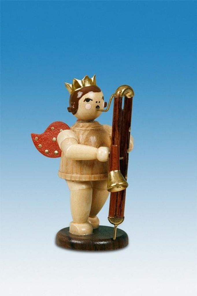 Holzfigur Musikengel mit Kontrafagott und Krone Höhe 6,5cm NEU
