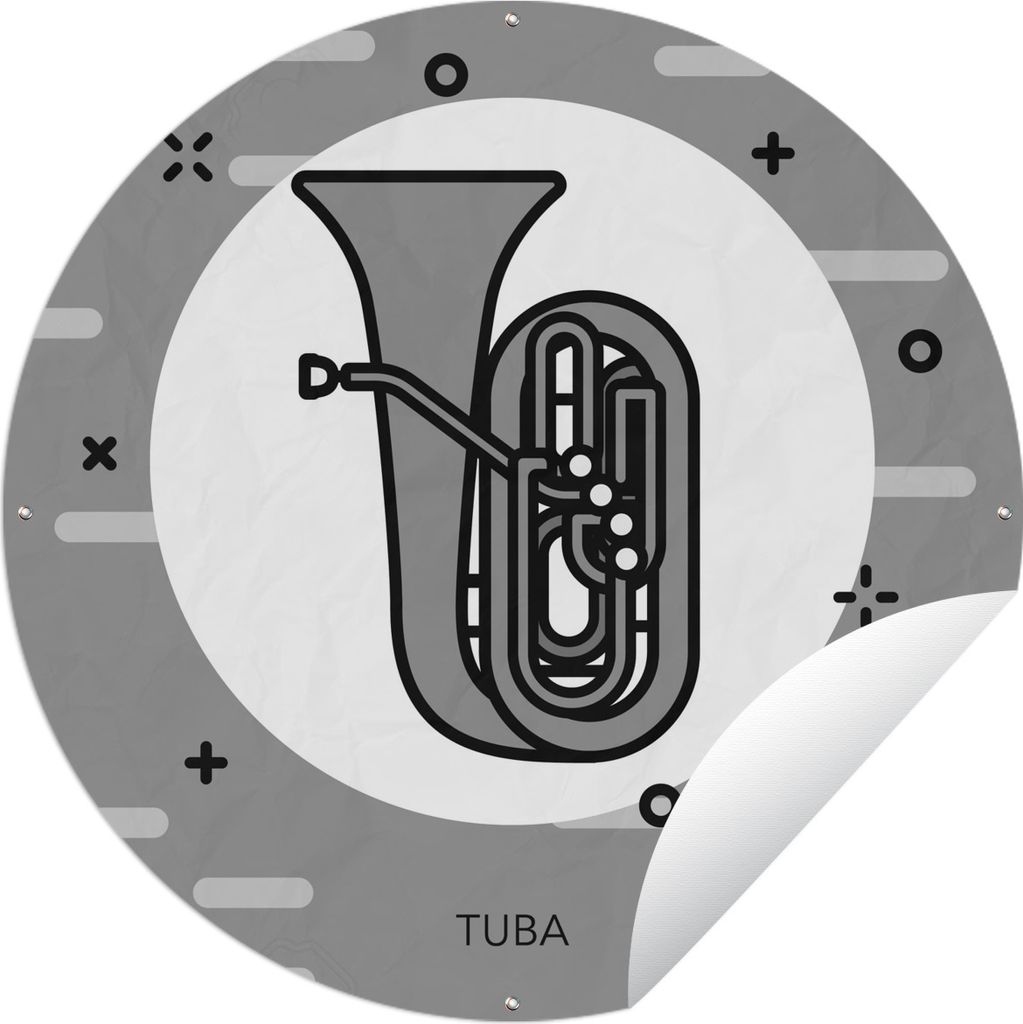 MuchoWow Gartenposter Outdoor-Poster Rund Piktogramm Illustration einer gelben Tuba - schwarz und weiß Ø 60 cm Gartendeko Rundes Poster draußen