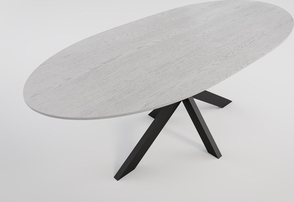 Ovaler Esstisch DARON 200x90 Eiche Furnier weiß lackiert schwarzes Kreuzgestell : Eiche weiss