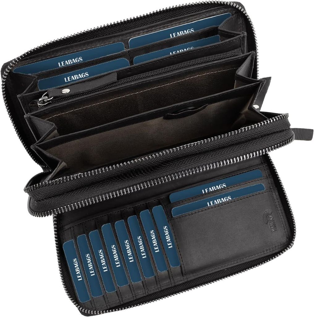 Echtleder Damen Geldbörse mit RFID Schutz, XXL Portemonnaie mit 29 Kartenfächern, Münzfach, Doppelter Reißverschluss, Große Leder Geldbörse f...