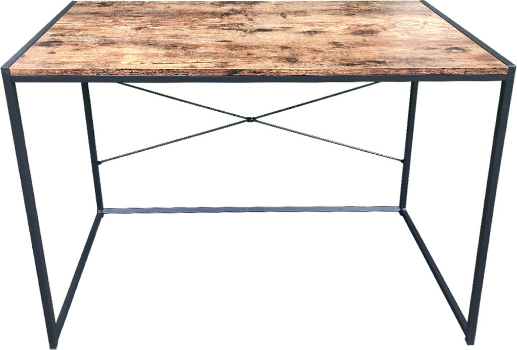 A product shot of a desk with a wood-grain top and black metal legs, isolated on a white background.