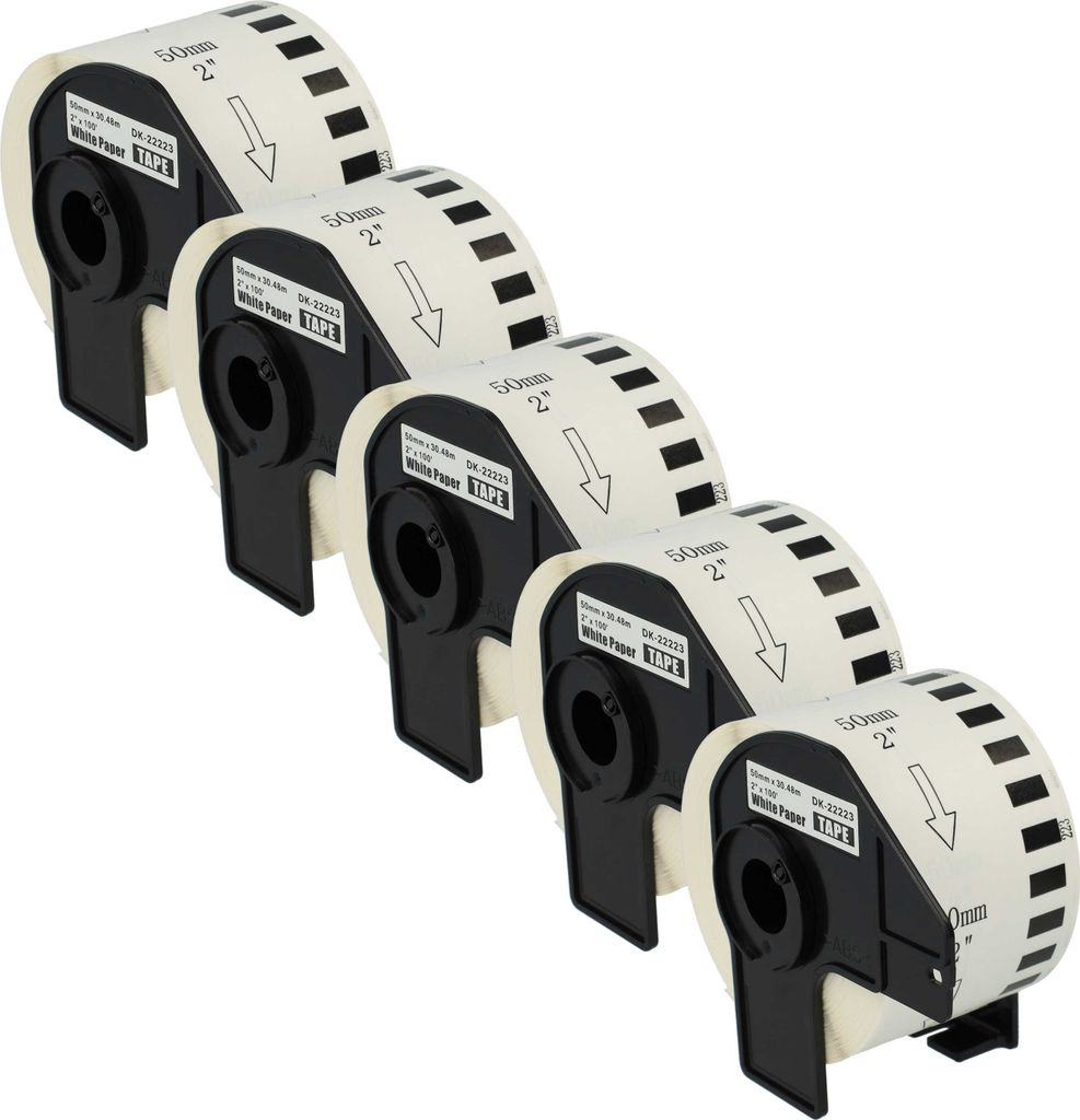 vhbw 5x Etiketten-Rolle mit Halter 50mm x 30,48m (1 Etikette) kompatibel mit Brother PT QL-810W Series, QL-820NW Etiketten-Drucker - Premium Weiß