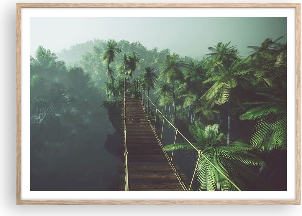 Gerahmtes Poster - Rahmen in heller Eiche - Dschungel Palme Brücke - 100x70 cm - Wand Bild - Wanddeko - Wandbilder - Wandposter - Bilderrahmen - B...