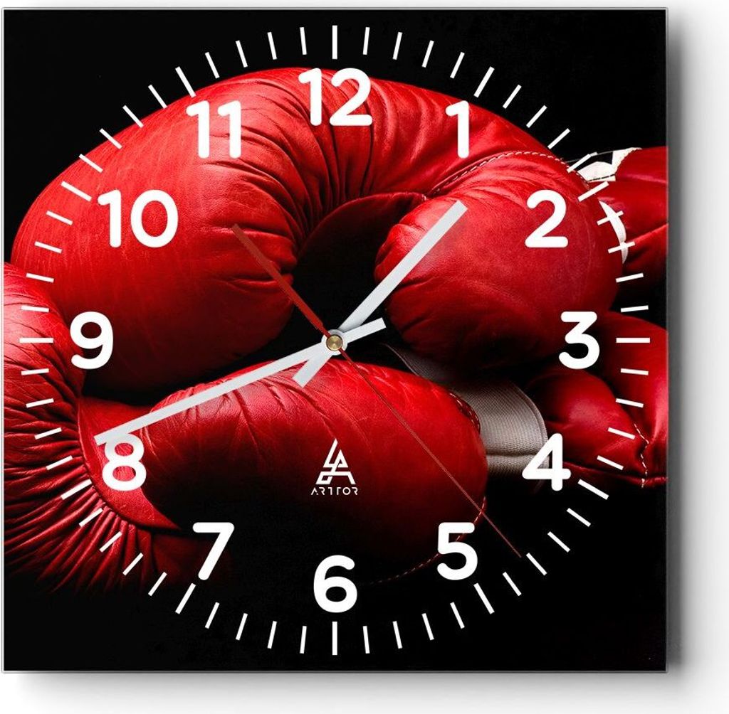 Wanduhr - Quadrat - Glasuhr - Sport Handschuhe Leder Wettkampf - 30x30cm - Schleichendes Uhrwerk - Lautlos - zum Aufhängen bereit - Dekoration Mod...