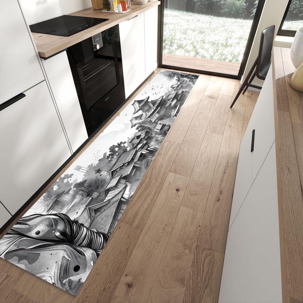 Küchenteppich 60x300cm rutschfest & abwischbar PVC Läufer - Samurai Kriegerin Stadt