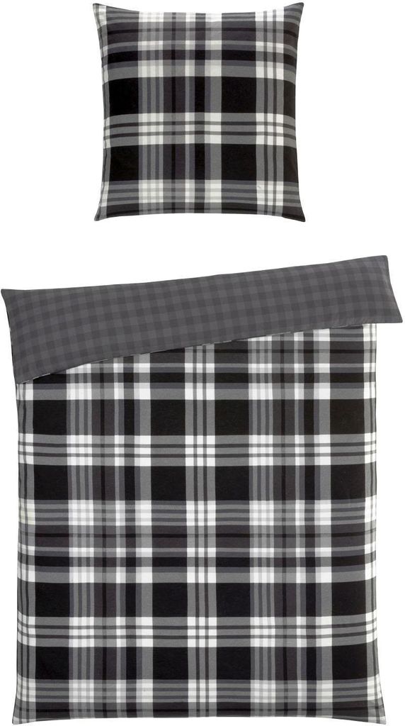 Flanell-Wende-Bettwäsche - 135 x 200 cm - Schwarz - Anthrazit - Weiß - Baumwolle - mit Reißverschluss
