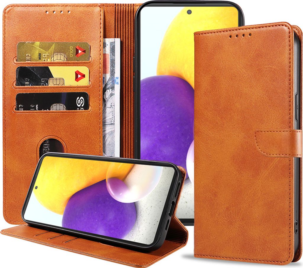 Geschikt voor Samsung Galaxy A72 Telefoonhoesje Kunstleer met Magnetisch lipje en Pasjeshouder Book Case met Klepje - Bruin - Smartphonica