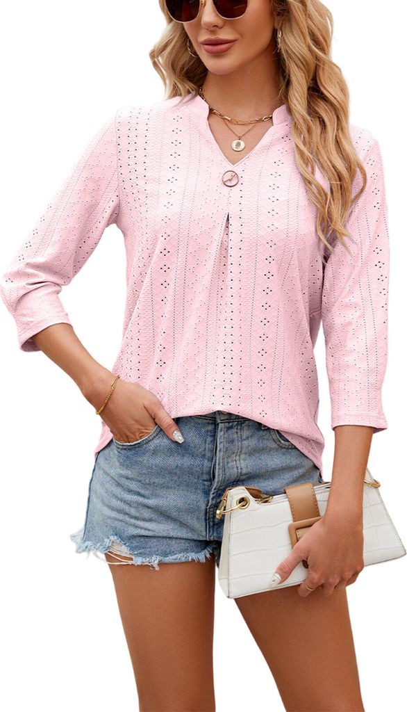ASKSA Damen T-Shirt 3/4 aermel Aushoehlen Bluse V-Ausschnitt Sommer Tunika Elegant Shirts Tops, Rosa, Groesse: XL