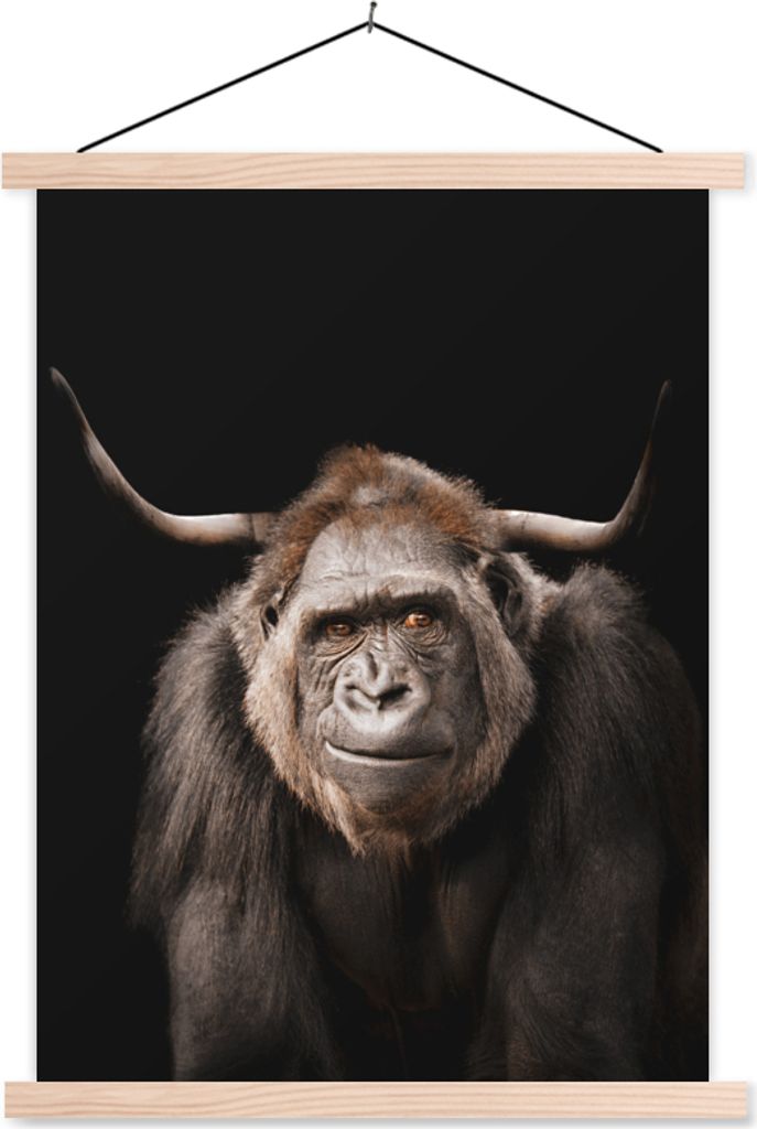 MuchoWow Textilposter Affe - Schottisches Hochlandrind - Hoorn 40x53 cm mit holzfarbenen Rahmen - Schlafzimmer