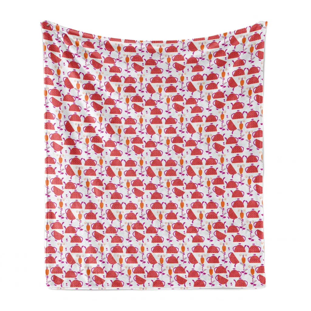 ABAKUHAUS Coperta in morbida flanella e pile con motivi floreali, moderna teiera e fiori, confortevole peluche per interni ed esterni, 125 x 175 cm, corallo scuro, bianco e arancione