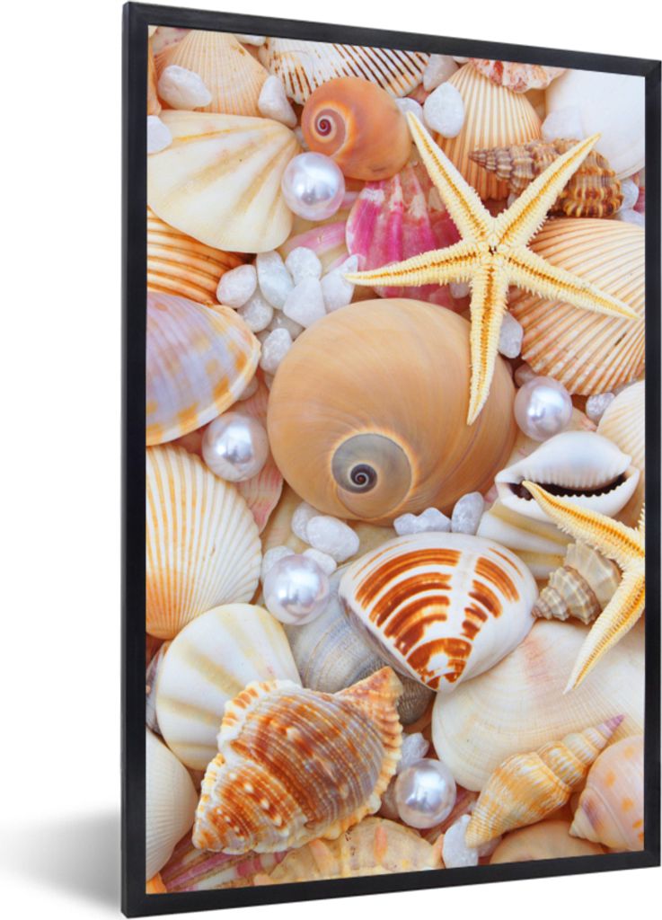 MuchoWow Gerahmtes Poster Muscheln - Perlen - Seesterne - Strand 20x30 cm - Poster mit Schwarzem Bilderrahmen Wandposter Rahmen Foto Bilder - Dru...