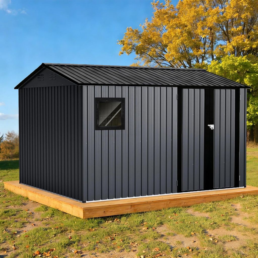 HOMAVO Gerätehaus Metall mit Pultdach, Gartenhaus Metall mit Fundament, 323.2× 246 × 202cm, ideal für Garten, Terrasse oder Rasen