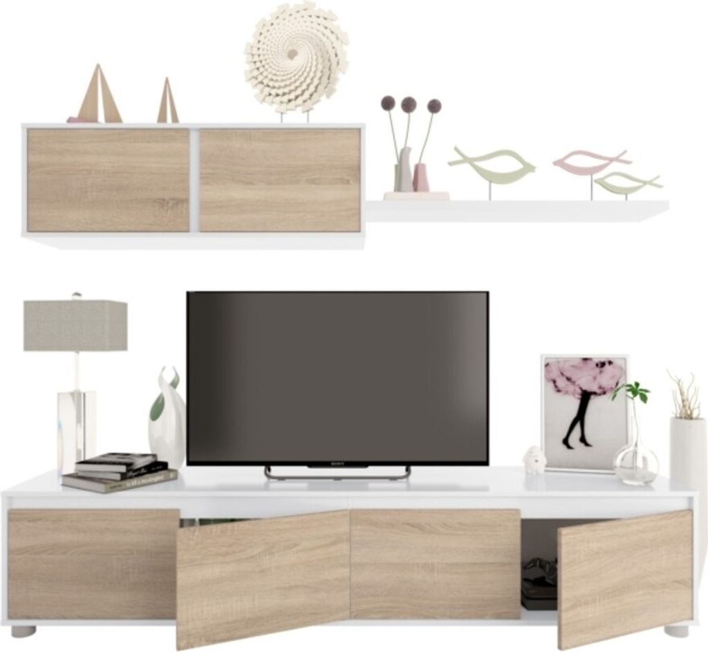 4-türiges TV-Möbel mit 2-türigem Wandregal L200 cm