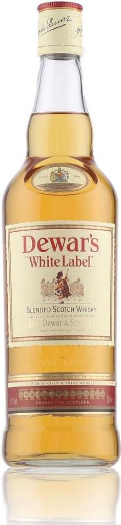 A bottle of Dewar's White Label Blended Scotch Whisky.