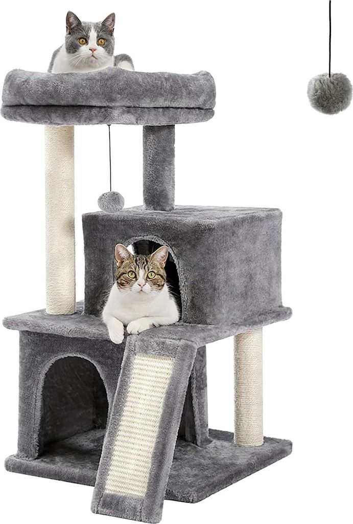 Kratzbaum Katzenmöbel mit Sisal, Plüsch Liegefläche, Spielhaus mit Löchern, Spielzeug für Katzen grau