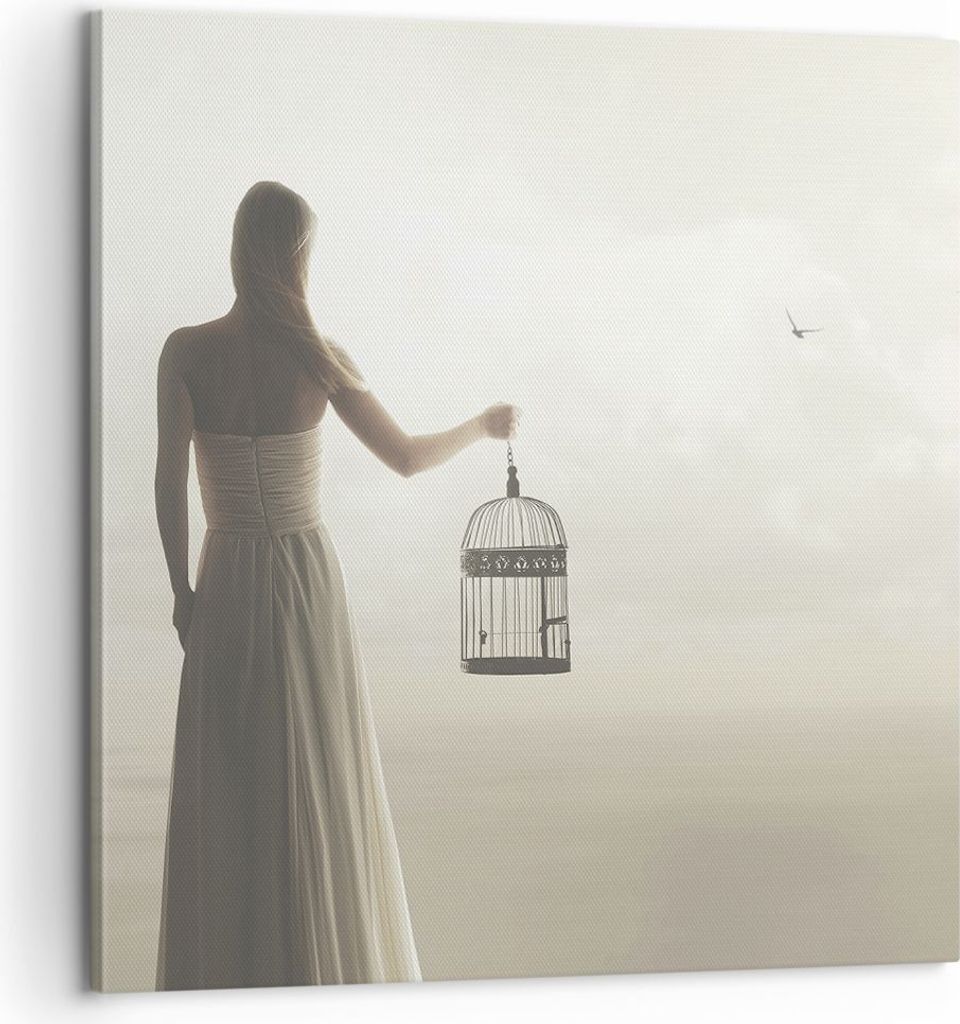Bild auf Leinwand - Leinwandbild - Einteilig - Frau Käfig Vogel - 60x60cm - Wand Bild - Wanddeko - Wandbilder - Leinwanddruck - Bilder - Wanddekor...