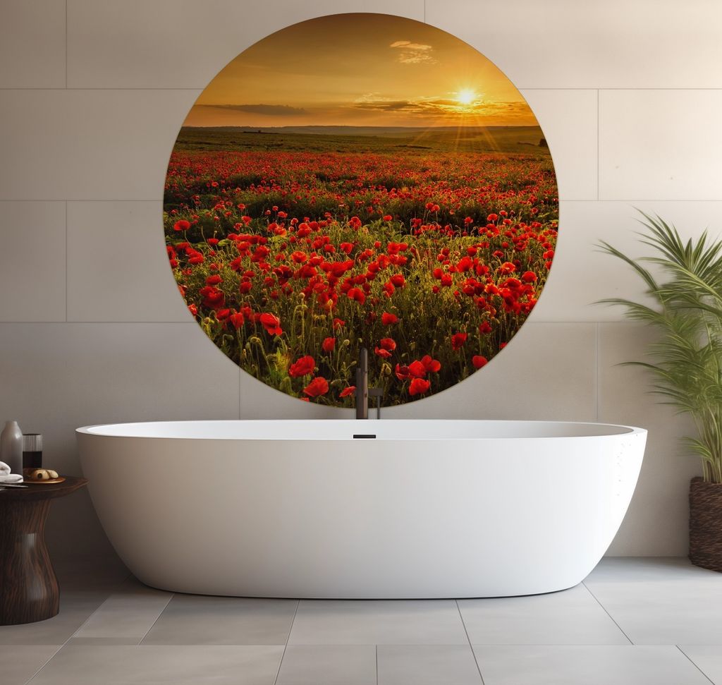 Wallario wasserfestes Poster selbstklebend 120 x 120 cm, Mohnblumenwiese bei Sonnenuntergang am Abend, Badezimmerposter Spritzschutz mit Hochglanzo...
