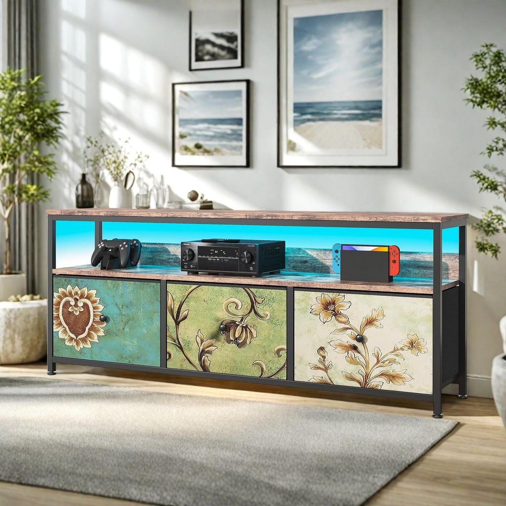 Fortuna Lai TV-Schrank 137 cm mit LED-Beleuchtung, 3 Stoffschubladen & Offene Fächer, 30 x 137 x 78 cm