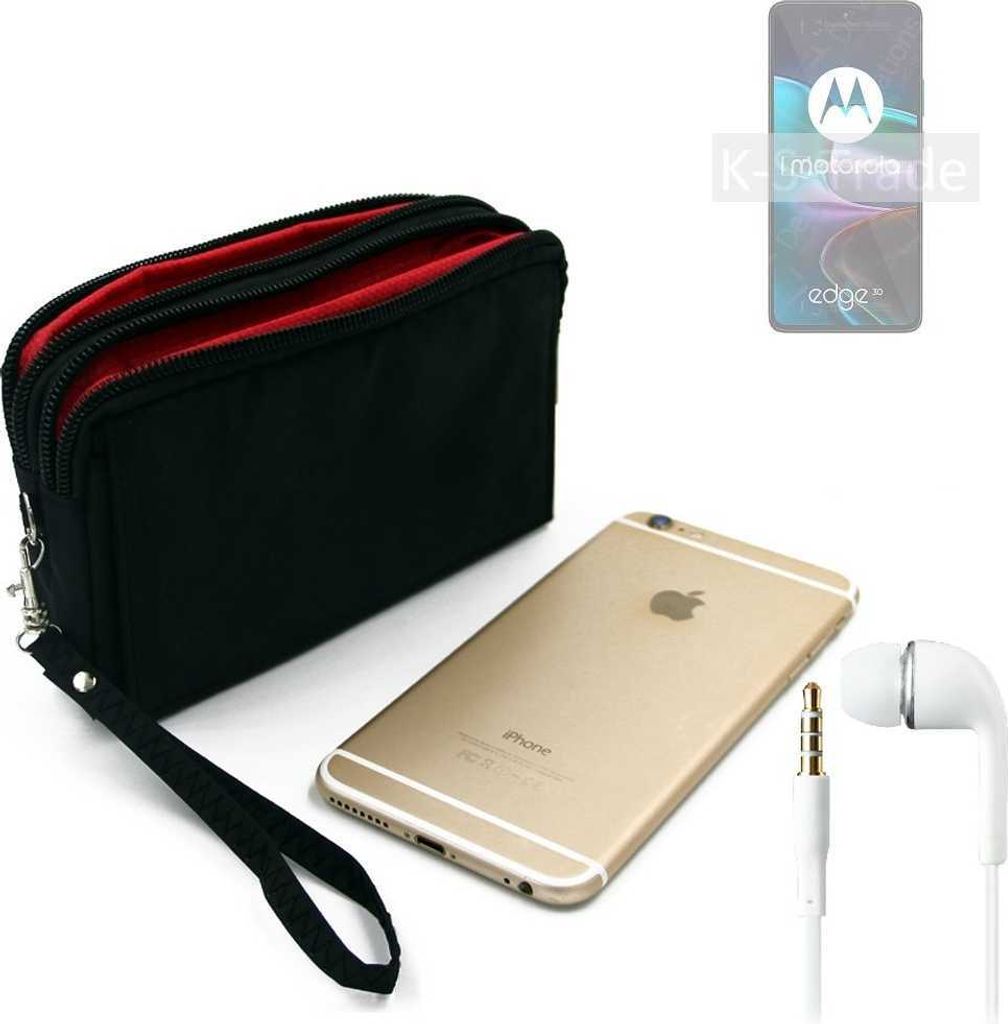 TOP SET kompatibel mit Motorola Edge 30 Handy Hülle Gürteltasche schwarz + Kopfhörer Travel Bag Travel-Case mit Diebstahlschutz praktische Schutz