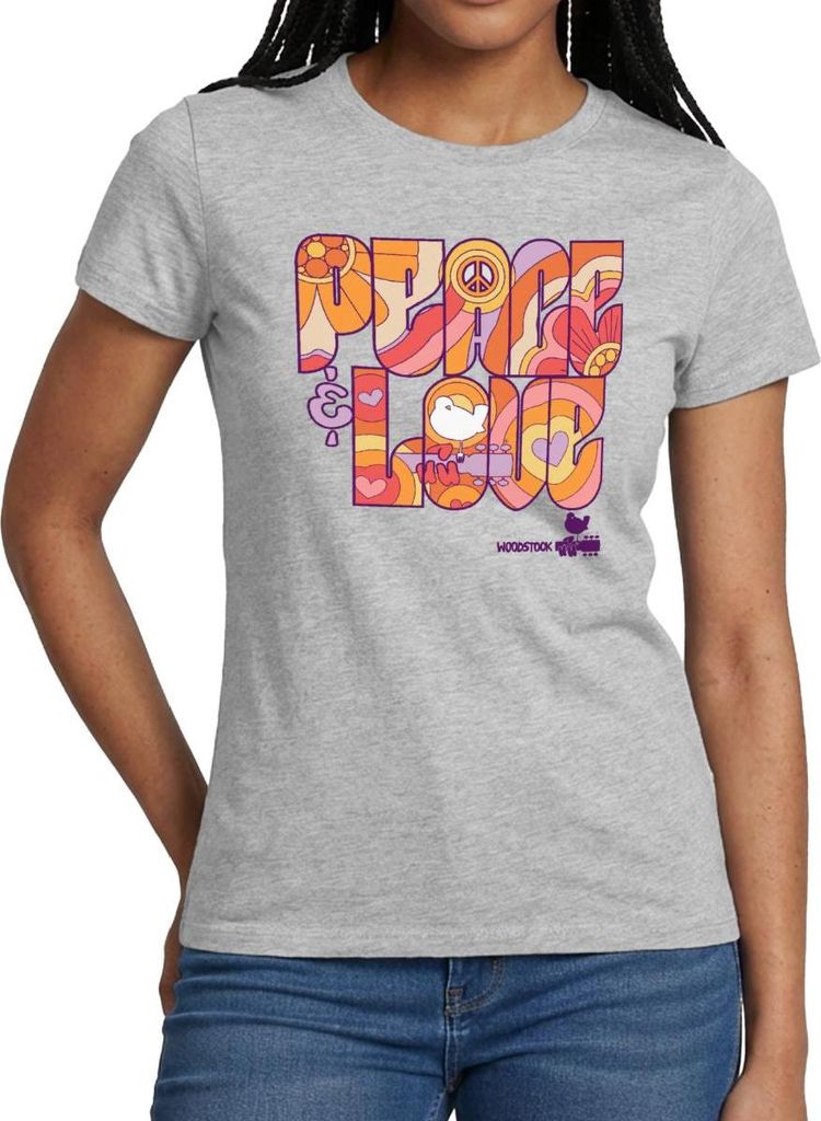Spreadshirt Woodstock Peace Love Hippie Design Frauen T-Shirt, XL, Grau meliert