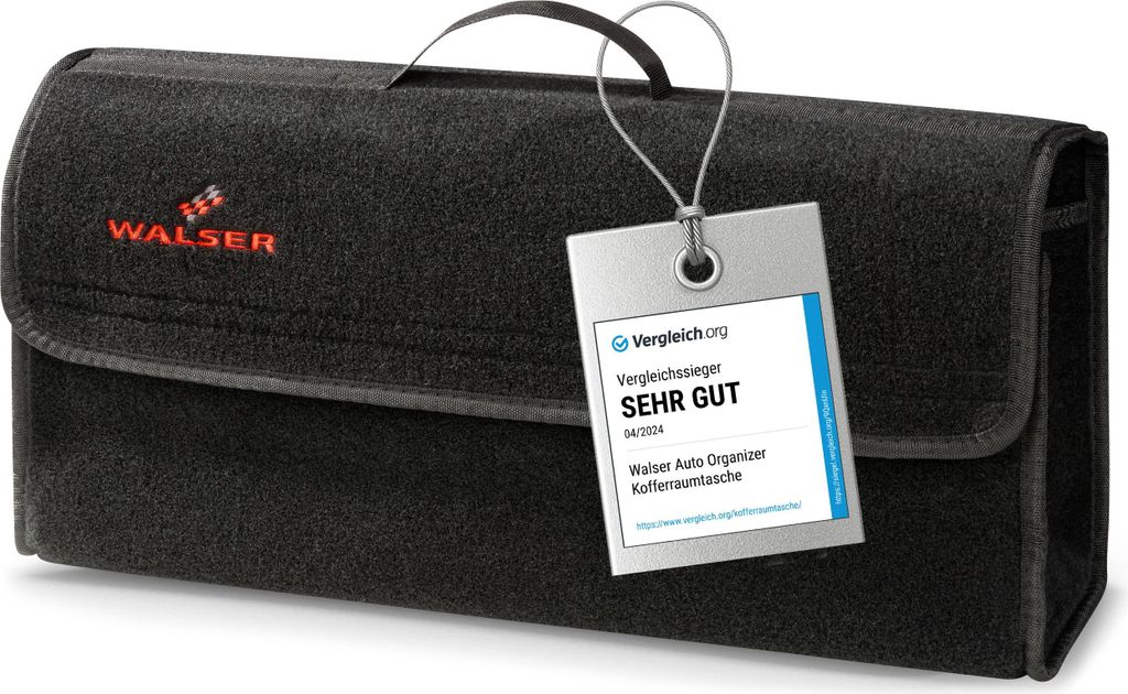 A black fabric car trunk organizer with a tag attached.