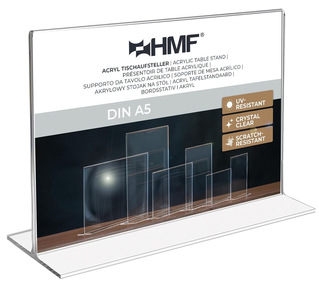 Tischaufsteller oder Menükarte aus Acryl für DIN A5 im Querformat von HMF mit den Maßen 21.4 x 15.8 x 7.5 cm
