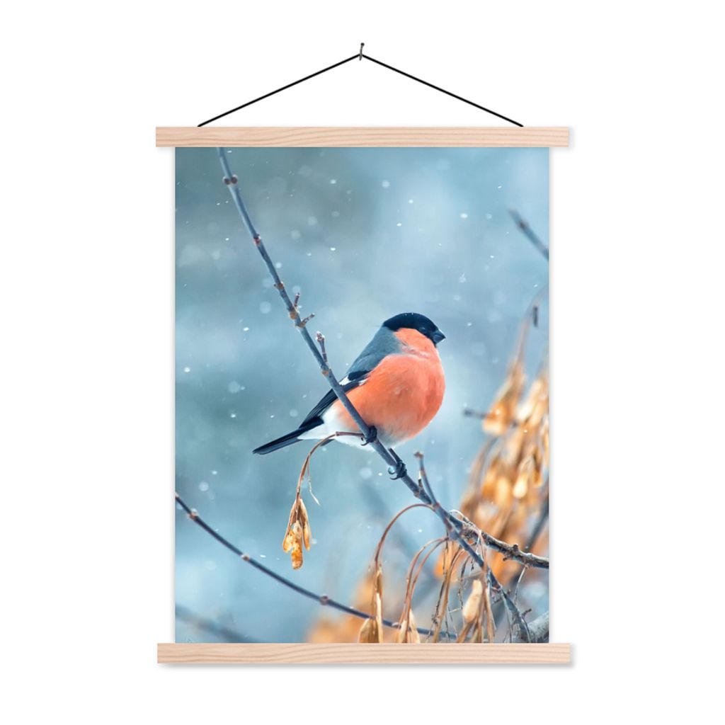 MuchoWow Textilposter Rotkehlchen - Vogel - Schnee - Herbstliche Blätter 40x53 cm mit holzfarbenen Rahmen - Schlafzimmer