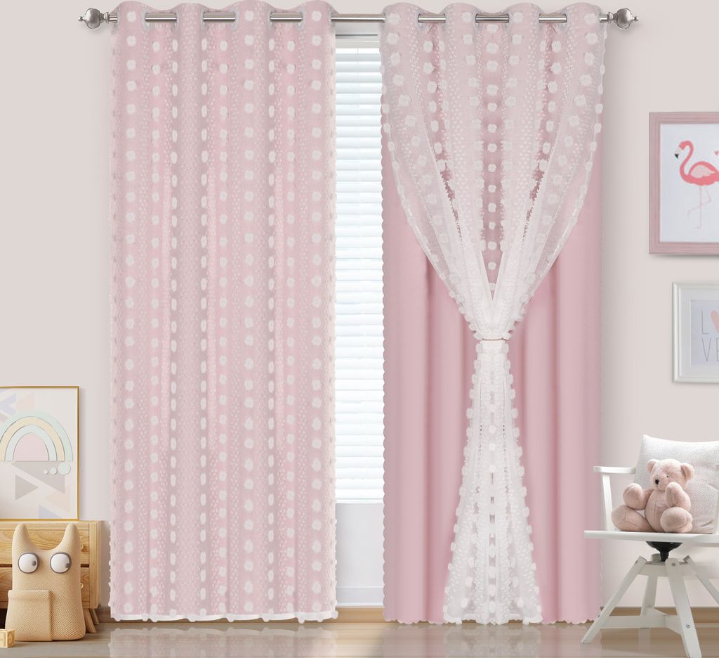 2 Stück Fertiggardinen 132x213cm Kindervorhang Ösen Gardinen mit PomPom Doppelschichtige Kinderzimmer Vorhänge,Baby Gardinen Doppelschichtig...