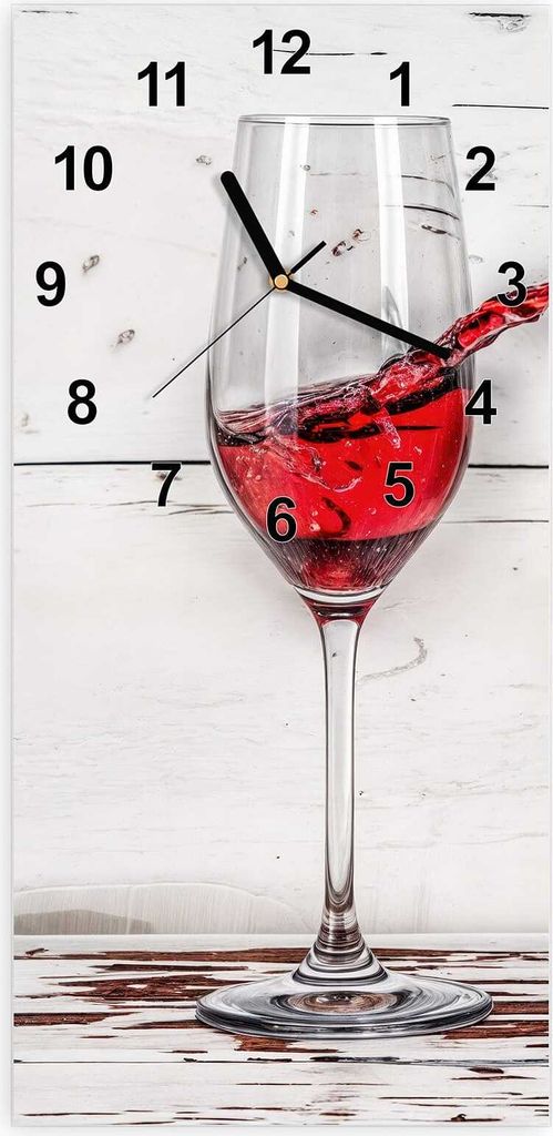 Wanduhr aus Glas mit Motiv Rotweingläserfall- 30 x 60 cm - inkl. Aufhängesystem