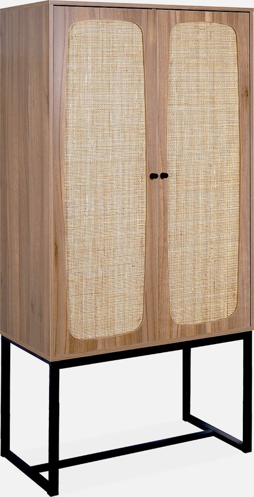 A wooden cabinet with cane doors and black metal legs.
