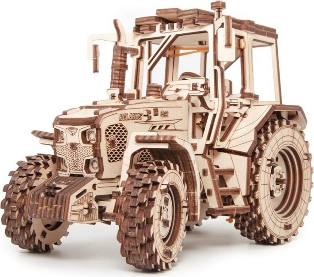 A 3D wooden model of a tractor.