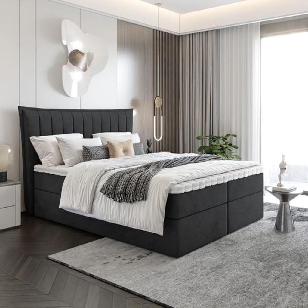Bett Boxspringbett LUNA ohne Topper mit Bettkästen - Doppelbett, Stauraum, Schlafzimmer, Polsterbett, Bettgestell (200x200, Schwarz - ITAKA 15)