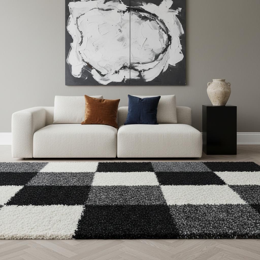 Flauschiger Teppich Karo Samtweich Waschbar Strapazierfähig | Schwarz 120x170 cm Flur Gekettelt Schnelltrocknend | RHEIN – Kadima Design
