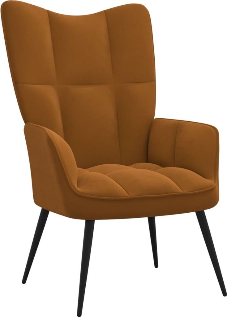 A brown velvet armchair with black legs, shown against a white background.