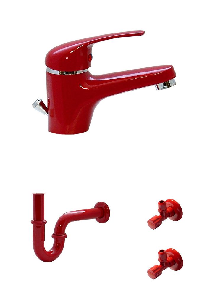 Waschtisch Bad Wasserhahn Armatur Siphon 2 Eckventile Rot 