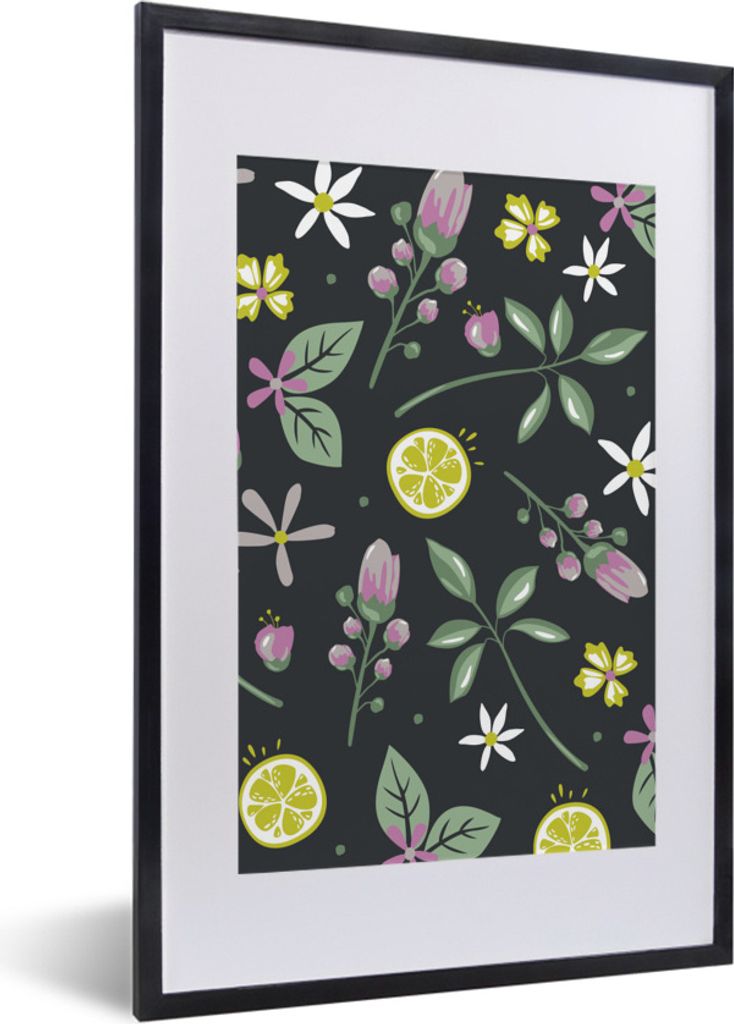 MuchoWow Gerahmtes Poster Sommer - Blumen - Obst - Schwarz 40x60 cm - Poster mit Schwarzem Bilderrahmen Wandposter Rahmen Foto Bilder - Poster in...