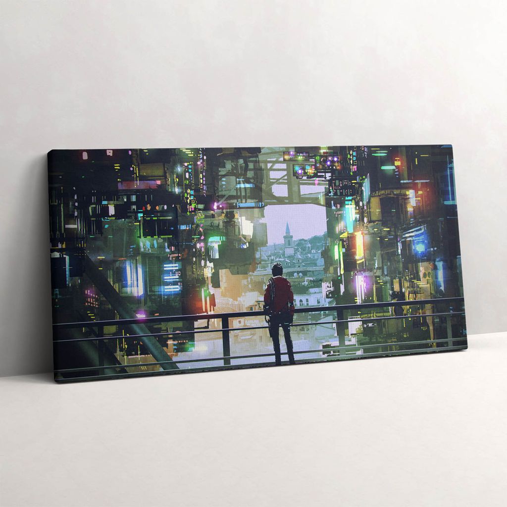 Cyber-Punk-Stadt – Leinwandbild Wandbild – 100x50 cm – Leinwandbilder – Wandbilder – Schlafzimmer – Flur