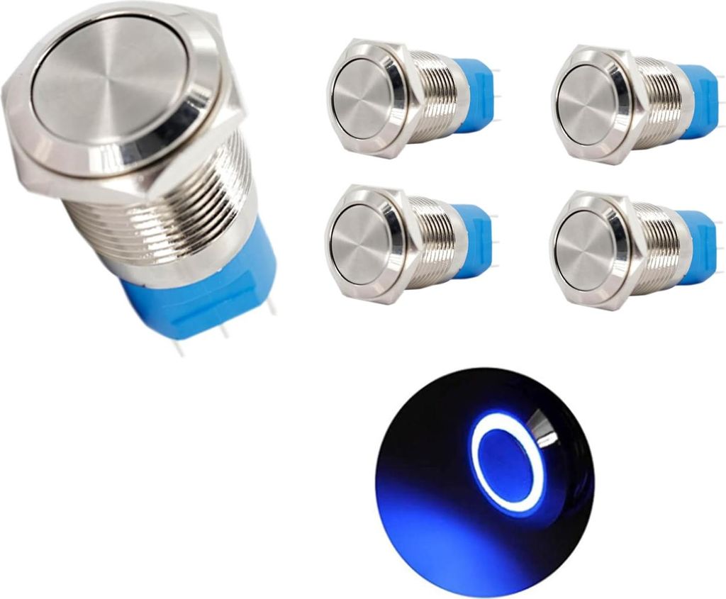 5 Stück Druckschalter Wasserdicht 16mm Schalter 12-24 V 3A Momentanen Taster Druckknopfschalter Messing 5 Pin mit Blau Ring LED-Licht für Auto Mo...