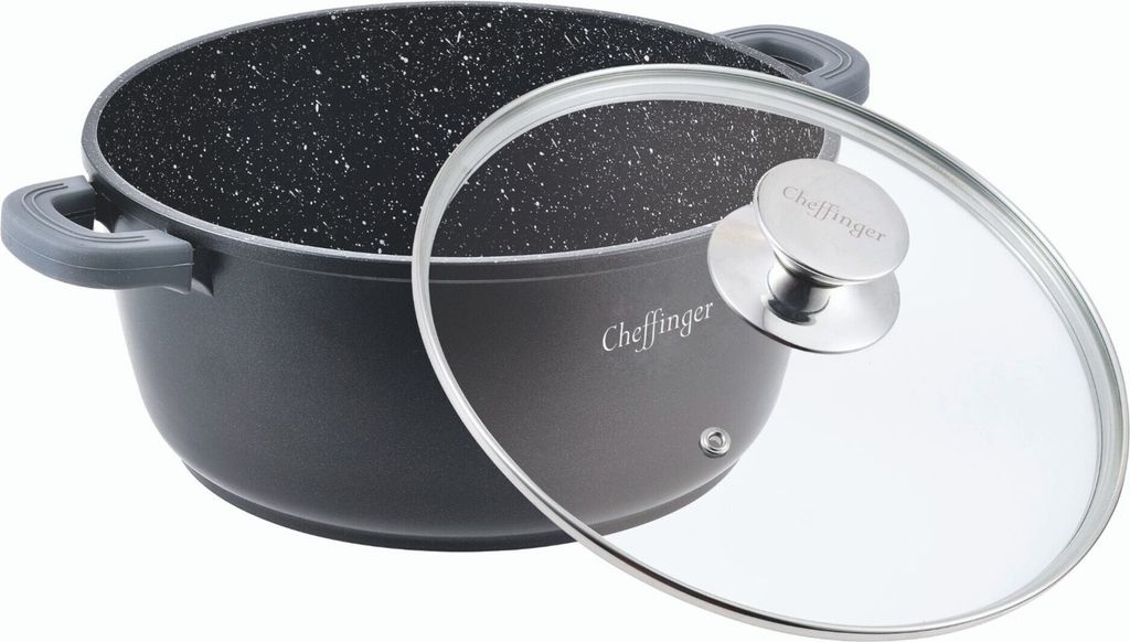 A black pot with a speckled interior and a clear glass lid is shown against a white background.