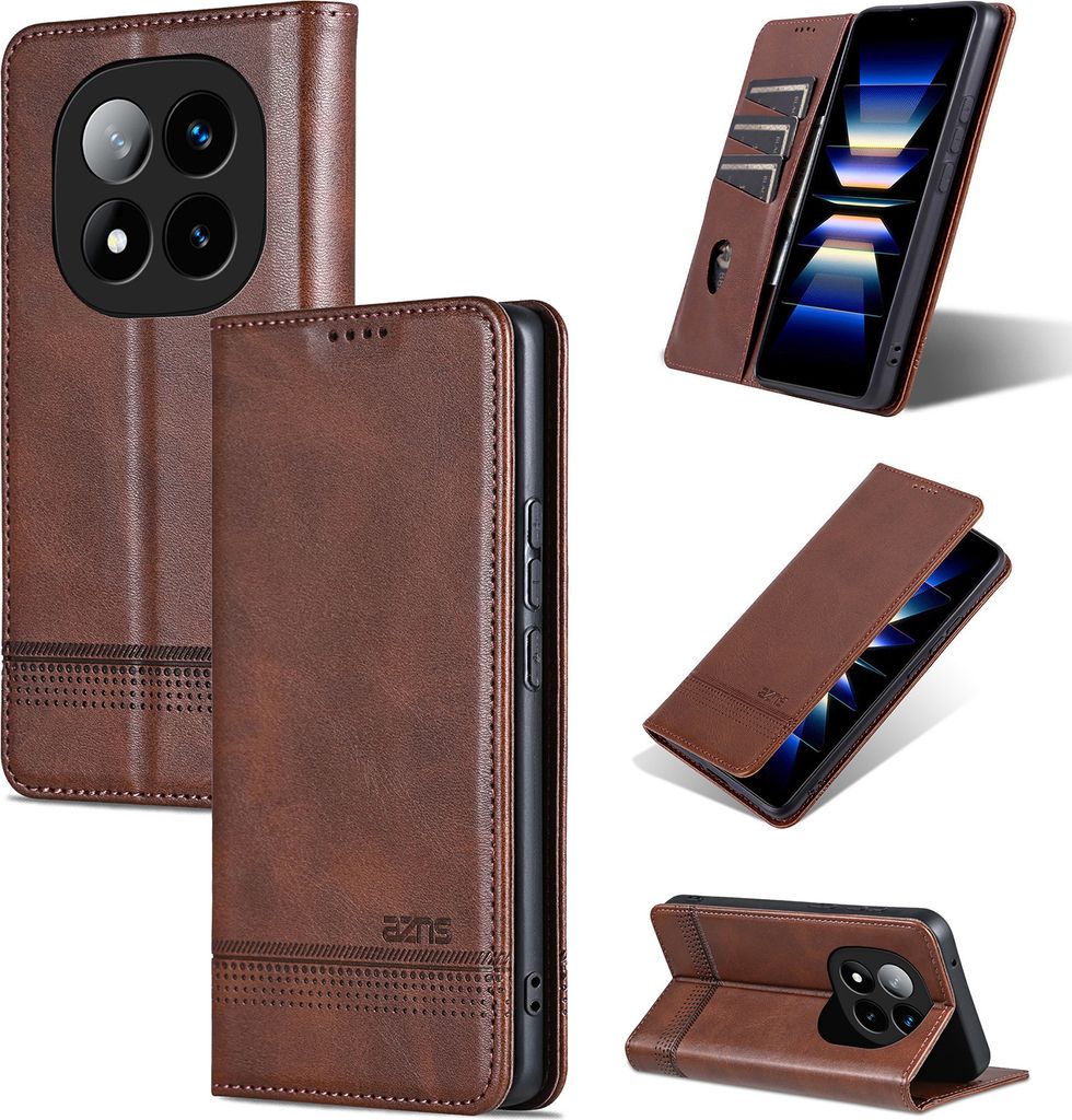 Multiple views of a brown leather flip phone case for a Xiaomi Redmi Note 14 Pro 5G.